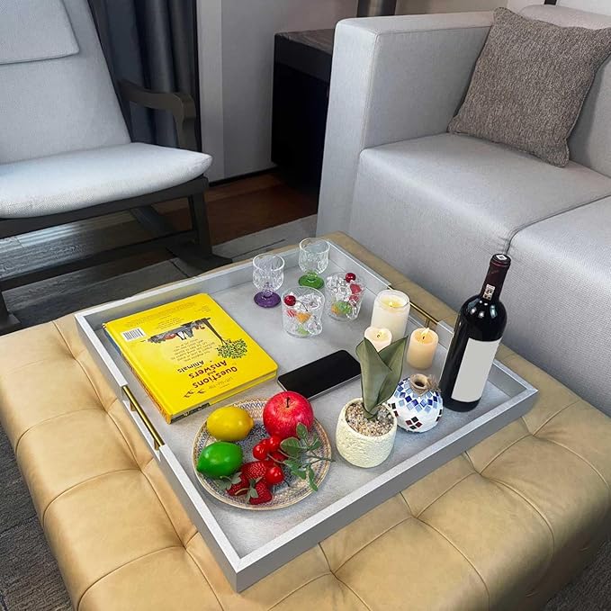 24x24 Inches Extra Large Silver Faux Leather Wrapped Wood Ottoman Tray with Golden Handles for Serving Food and Breakfast On Bed, Square Coffee Table Organizer, Home Decor and Decorative