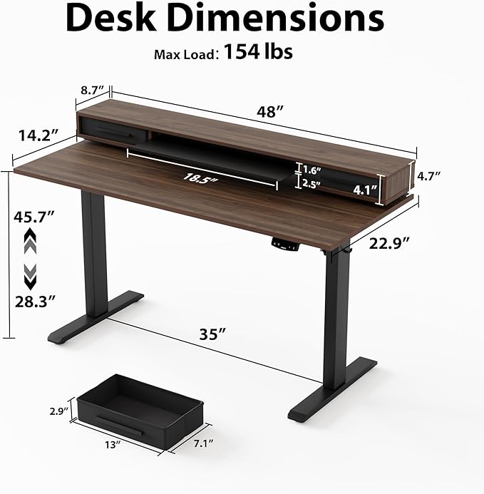 Agilestic 48 Inch Electric Standing Desk with Drawers, Adjustable Desk with Storage Shelf, Stand Up Home Office Computer Table, Splice Board, Dark Walnut