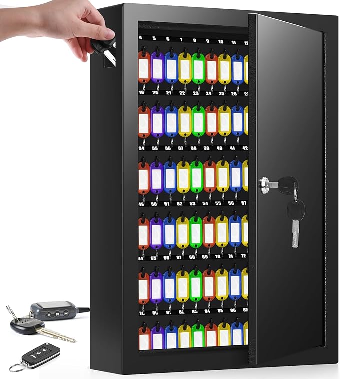 125 Key Lock Box Wall Mount with Anti-Theft Deposit Key Slot, Key Cabinet with Key Hooks & 125 Tags Key Labels, Key Safe for Hotels & Office & Companies & Car Dealerships