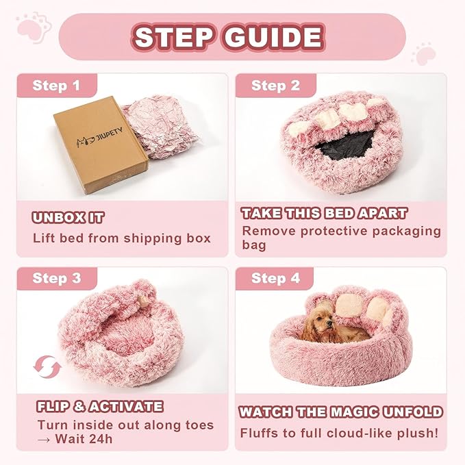 Jiupety Paw Shape Calming Pet Bed, Medium Plush Faux Fur Donut Bed for Dogs & Cats, Machine Washable, Non-Slip Bottom, Extra Large Size (32"×32"×10"), Pink