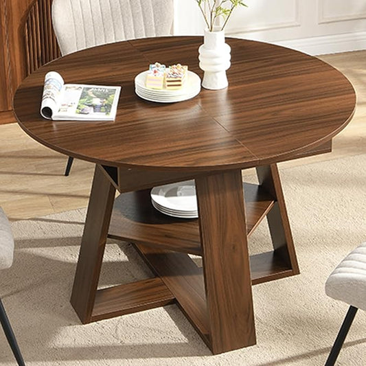 Round Dining Table for 4-8 People, 43.3"-59" Oval Dining Table Space Saving, Expandable Kitchen Table with Smooth Glide Mechanism Modern Design & Wood Base for Small Space (Walnut)