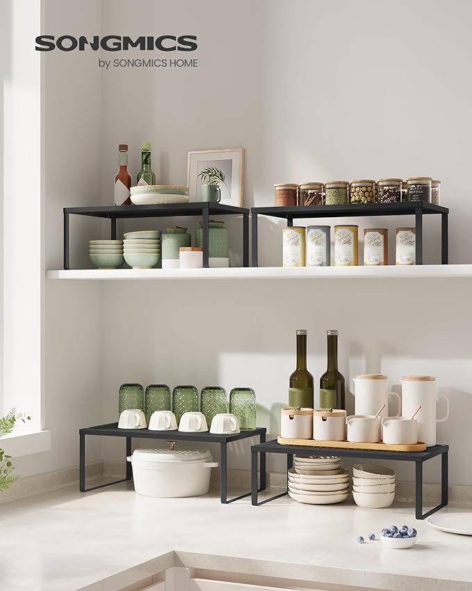 SONGMICS Spice Racks, Set of 2 Metal Cabinet Shelf Organizers, Countertop Organizers, Shelf Risers, Stackable, Expandable, Ink Black UKCS401B01