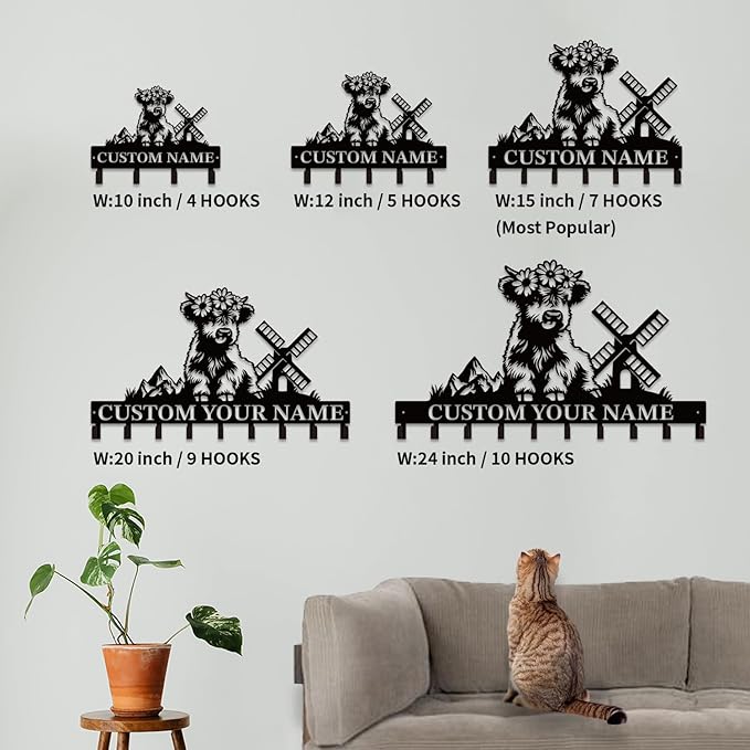 Personalized Highland Cow Metal Keys Hooks,Custom Name Metal Highland Cow Keys Hooks,Black Metal Highland Cow Wall Home Storage Decorative Keys Hooks,Key Holder Hooks for Wall (Style E)