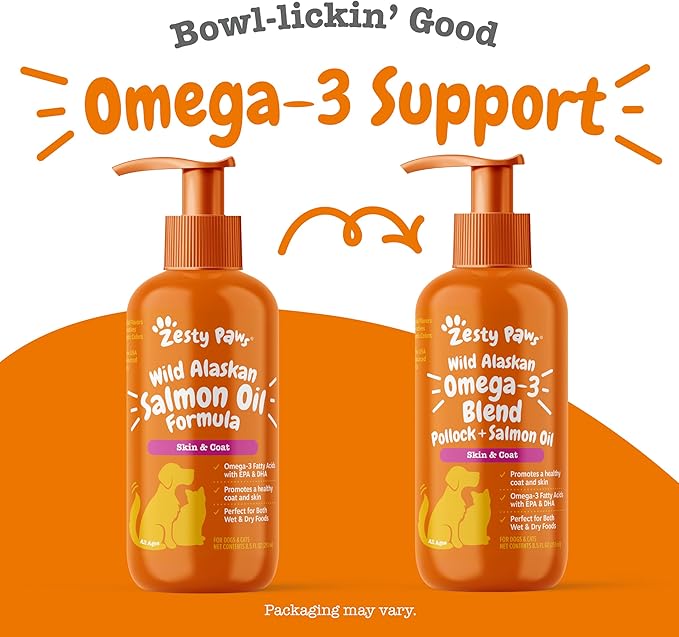 Zesty Paws Wild Alaskan Omega-3 Blend Pollock + Salmon Oil for Dogs and Cats- Skin and Coat Support, Omega 3 Supplement for Pets, 8.5oz