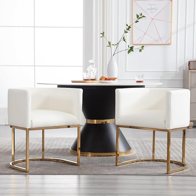 Faux Leather Dining Chair Modern Barrel Arm Chairs with Golden Metal Frame, Upholstered Kitchen Chairs 18.5" Wide Accent Chair for Living Room Dining Room Restaurant, White