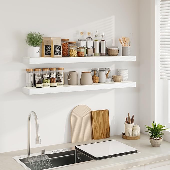 Fun Memories Floating Shelves for Wall, 48Inch Floating Shelves Set of 2, Hanging Shelf with Invisible Brackets, Wood Shelves for Living Room, Bedroom, Kitchen, White