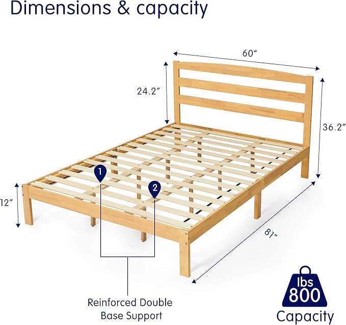 Hokway Wood Queen Bed Frame with Headboard-No Wobble,Noise-Free,Easy Assembly with Precise Holes,12 in Reinforced Center Legs,No Box Spring Needed,Natural