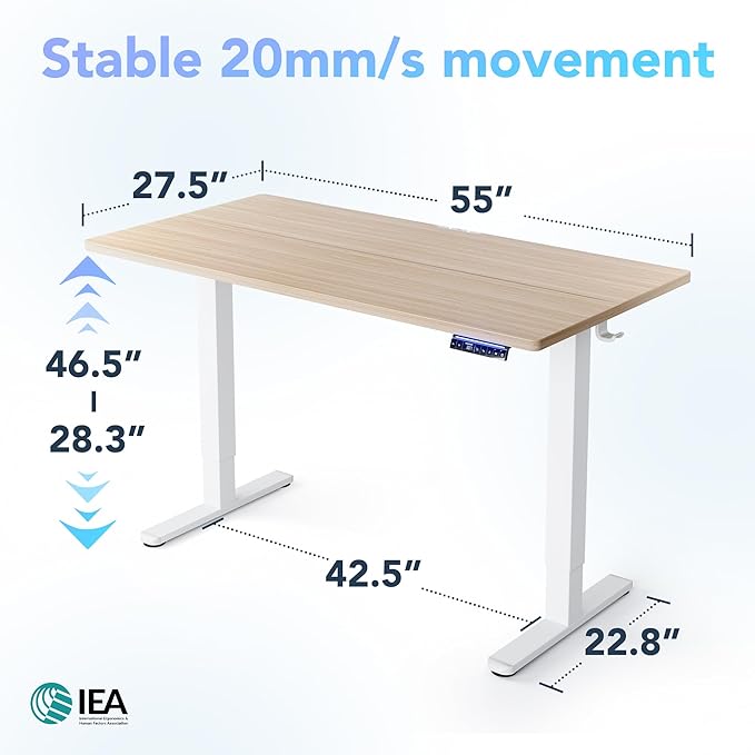 HUANUO AI-Powered Electric Standing Desk with Smart APP, Compatible with Alexa & Google, Adjustable Height, 6 Memory Settings, Sedentary Reminder, Ergonomic Sit-Stand Desk, 55-inch, Light Walnut