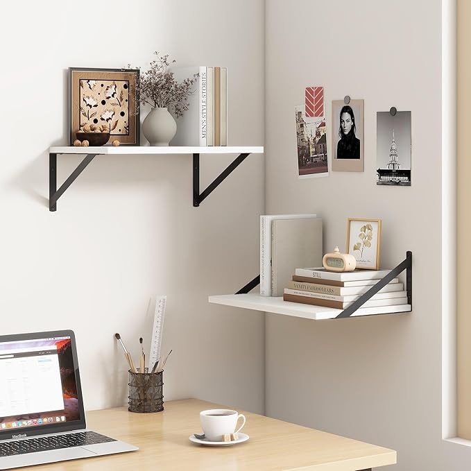 Fun Memories White Floating Shelves 18 Inch Long, Rustic Floating Shelf with Brackets, 12 Inch Deep Wall Shelves, White Bathroom Shelves, 18 x 12 Storage Shelf for Kitchen, Living Room, Set of 2