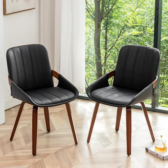 Mid Century Modern Faux Leather Upholstered Dining Chairs,Armless Accent Chairs with Sturdy Natural Wood Legs,Bamboo Backrest Support for Kitchen&Dining Room Chairs(1PCS,Black)