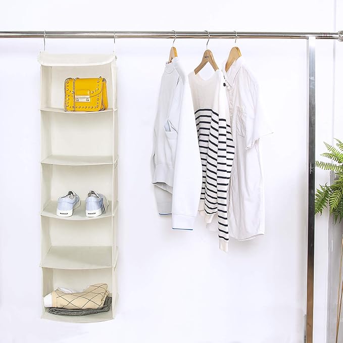 5 Shelves Hanging Closet Organizer, 2 Pack Hanging Storage with 6 Side Pockets for Clothes Shoes, 43"x12"x12"(Beige)