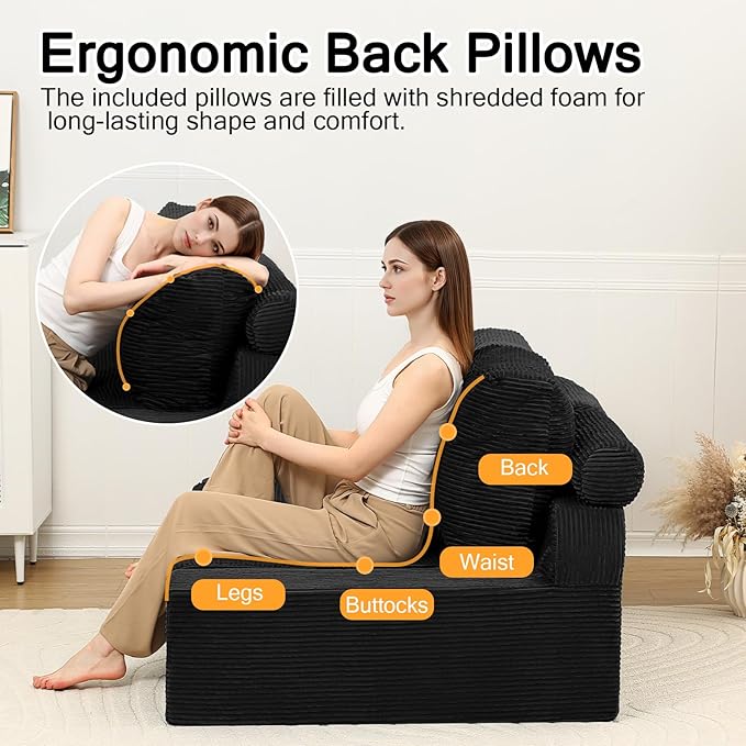 COMAX Convertible Sofa Bed Queen, Folding Floor Couch Corduroy Fold Out Couch Bed Sleeper Mattress with Back Pillows, Boneless Pull Out Loveseat Comfy Futon Lounge for Living Room Bedroom, Black