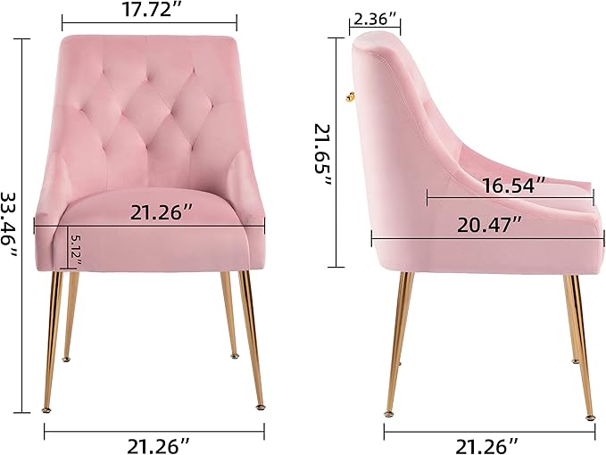 Modern Dining Chairs Set of 2, Mid Century Dining Chairs with 5.12” Cushions and Golden Legs, Velvet Upholstered with Back Pull Rod, for Kitchen, Living Room (Pink)