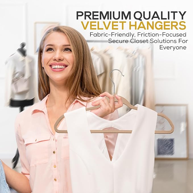 50 Pack New Premium Quality Velvet Hangers Ultra Thin Non Slip Adult Felt Space Saving Hangers for Closet Heavy Duty Coat Pants Dress Hangers 360° Swivel Hook Hold Upto 10 lbs Warm Taupe