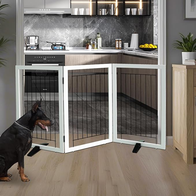 ZJSF Freestanding Dog Gate Indoor, Foldable Dog Fence for Doorways,Hallways or Stairs, Sturdy Wood Extra Wide Pet Gate with Support Feet,White,32 "Height-3 Panels