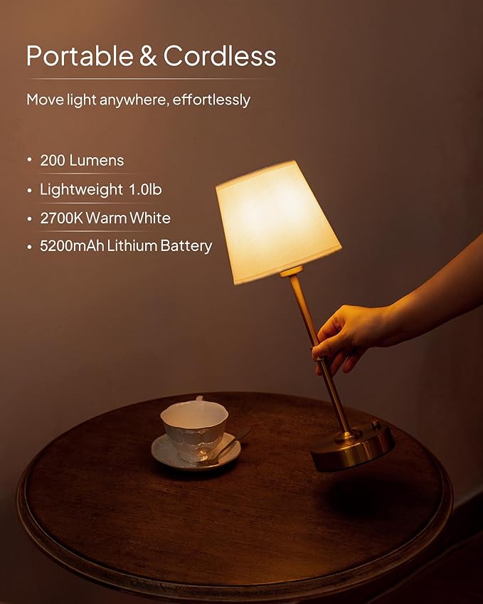 EppieBasic Cordless Table Lamp Rechargeable: Fast Charging & Long Lasting - 2700K Warm Light Vintage Gold Lamps for Women Housewife - Dinning Living Room Bedroom - 2 Pack