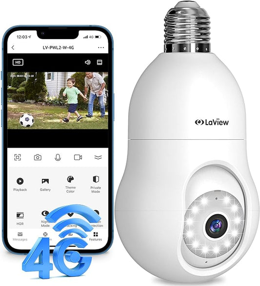 LaView 4G LTE Cellular Light Bulb Security Camera,360°2K Security Cameras Wireless Outdoor Indoor 4MP Full Color Day and Night,Motion Detection, Audible Alarm,Easy Installation,Compatible with Alexa