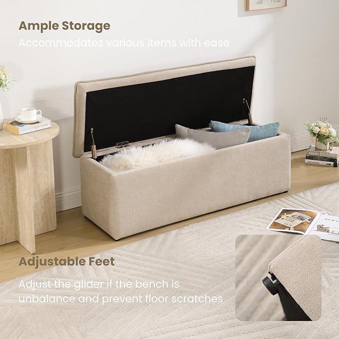 45.5 Inch Storage Ottoman Bench, Modern Upholstered Chenille End of Bed Bench with 2 Safety Hinge, Entryway Bench with Seating for Bedroom Living Room, Oatmeal