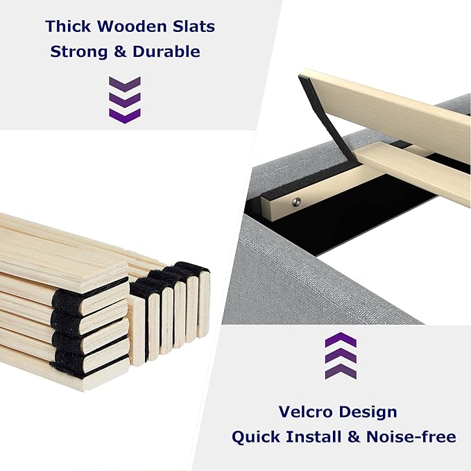 VECELO Queen Size Bed Frame with Adjustable Headboard, Upholstered Button Tufted Platform Bedframe with Wood Slats Support, No Box Spring Needed, Light Grey