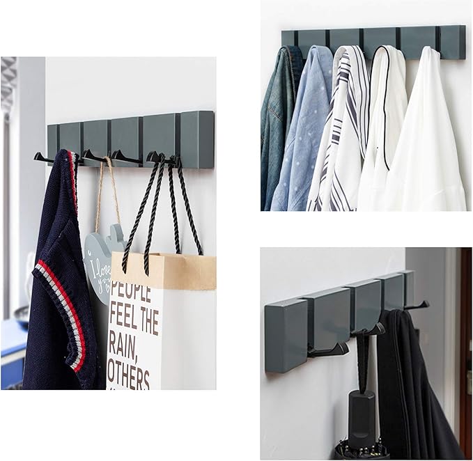 Grey Coat Rack Wall Mounted, Modern Coat Hooks for Wall, Space-Saving Folding Coat Hanger for Coats, Keys - Grey 4 Hooks