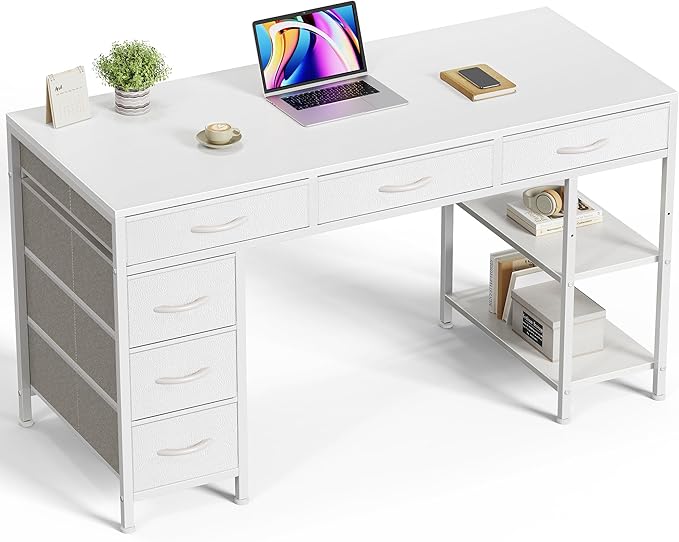Huuger Computer Desk with 6 Drawers, Office Desk with Shelves, Reversible Gaming Desk, Corner Desk with Storage, Work for Home Office, Study, Living Room, 47inch, White
