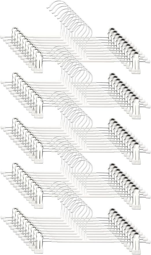 Pants Hangers with Clips - 50 Pack Heavy Duty, Non-Slip Adjustable Space Saving Skirt Hangers for Pants, Jeans, Shorts | White | 12 Inch