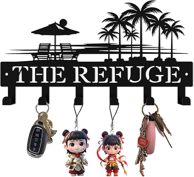 Tropical Key Hook Wall Decor,Personalized Key Holder of Palm Tree & Beach Lounge Chair Design,Stylish Key Holder Wall Mounted for Hallway,Front Door,Entryway