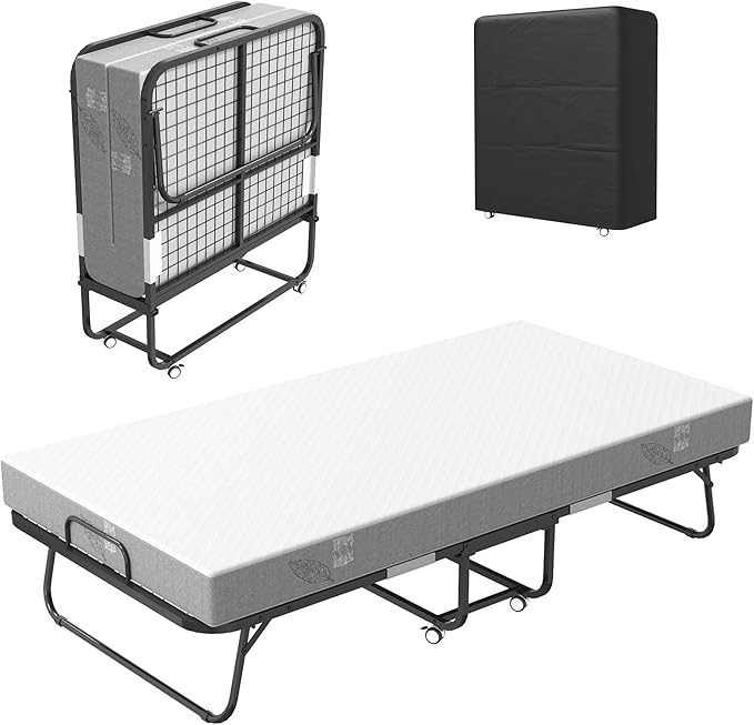Folding Bed with Mattress, 75" x 38" Twin Size Rollaway Bed on Wheels, Foldable Metal Frame & Storage Pocket, Space-Saving Portable Cot for Adults, Home, Office, Apartment