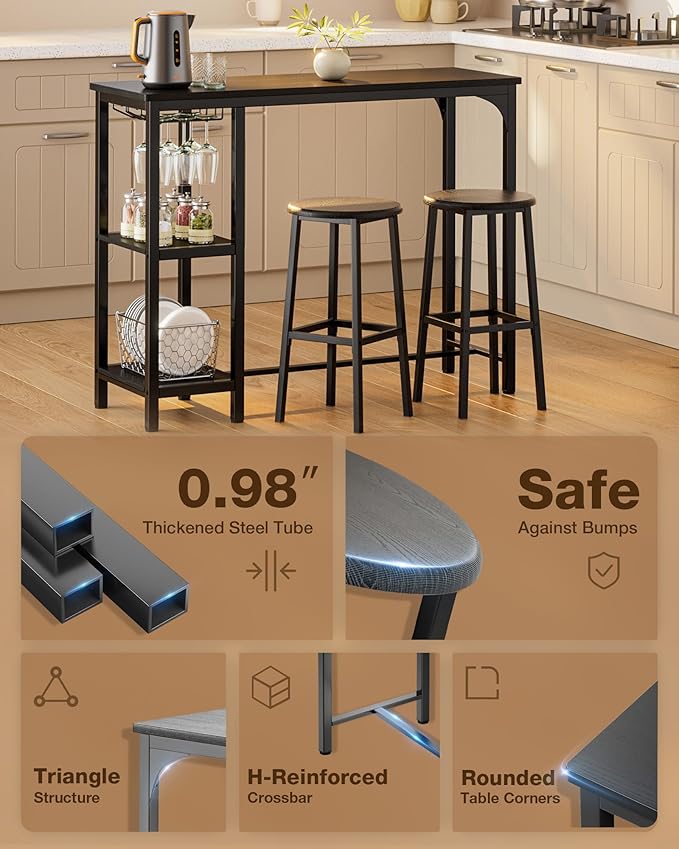 Small Bar Table Set for 2, Bar Table and Chairs Set for 2, Kitchen Table for 2 with 2 Storage Shelves & Wine Glass Holder, Dining Table for Small Apartment, Dining Room, Black