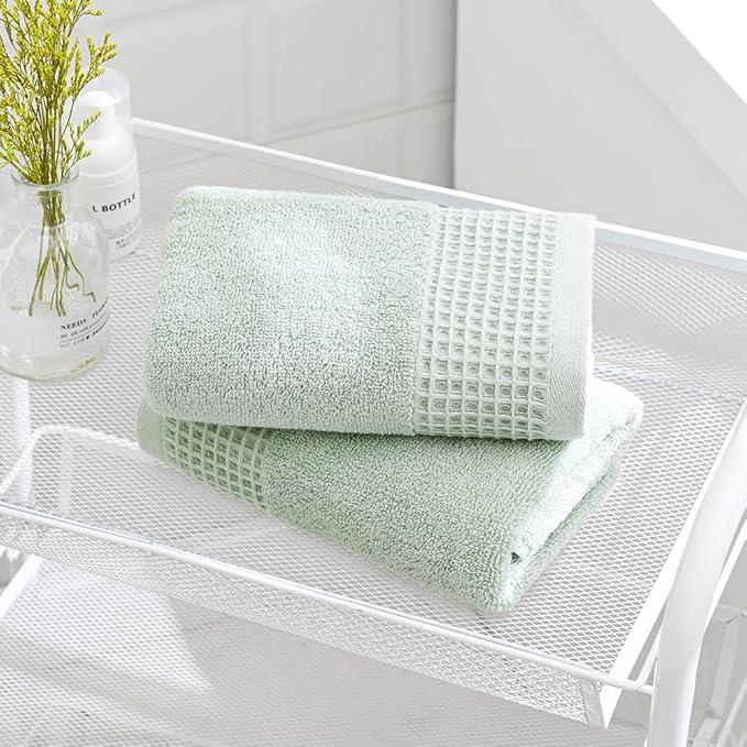 sense gnosis Green Hand Towels Terry & Waffle Weave Design Premium 100% Cotton 2 PC Towel Set Soft Absorbent Quickdry Spring Decorative Bathroom Hand Towel 13X 29 Inch
