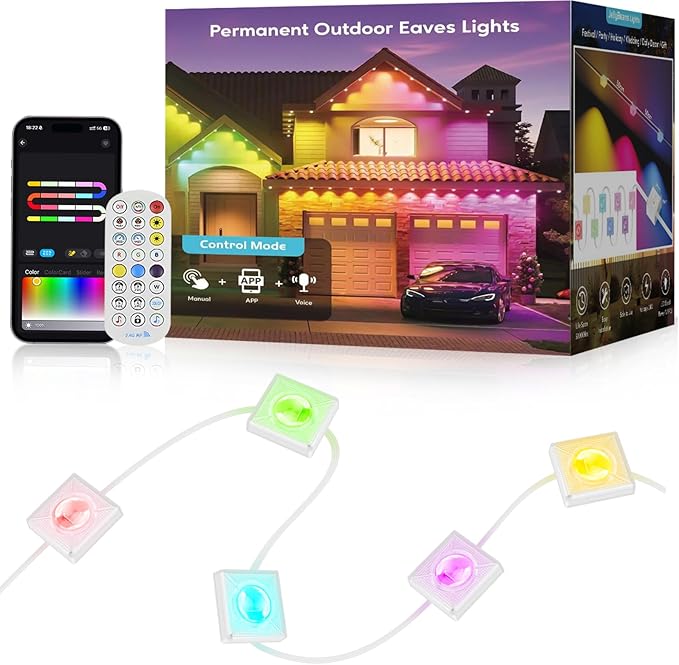 Permanent Outdoor Lights, 100FT RGB+IC LED Lights with Smart APP & Remote Control, 72 Scene Modes, Waterproof IP65 for Holiday, Christmas, Yard Decorations(Extension Cord Not Included)