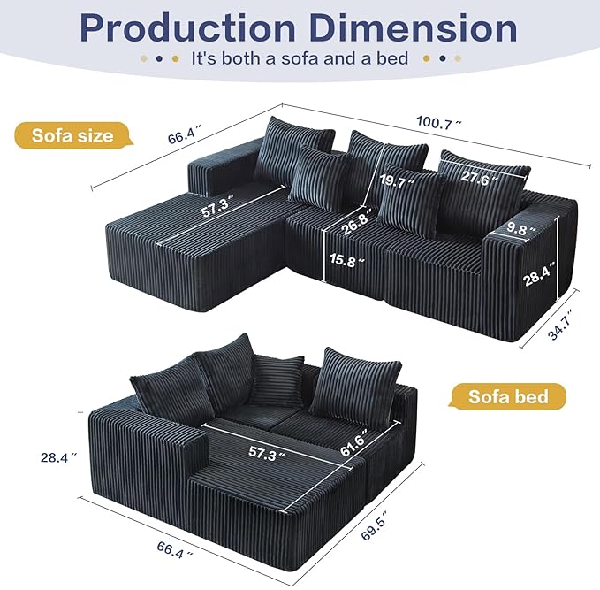 Boneless Couches for Living Room, 100.7" Cloud Sectional Couch with Oversized Chaise, L Shape Modular Couch Deep Seat, Corduroy Comfy Sofa for Bedroom, Compressed Sofa in a Box, Grey