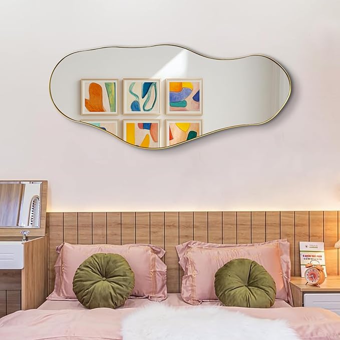 Irregular Mirror, 47"x20.5" Asymmetrical Wall Mirror with Gold Metal Frame, Large Abstract Mirrors Decorative, Modern Unique Shaped Mirrors for Living Room Bathroom Bedroom Hallway Entryway