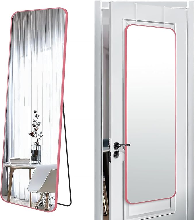 57x20 Door Hanging Full Length Mirror, Floor Stand (Height 5.7ft just Body in1.3ft) Wall Mounted Metal Frame Rectangle Dressing Mirrors for Bedroom Room 57 inch Pink Rose Gold