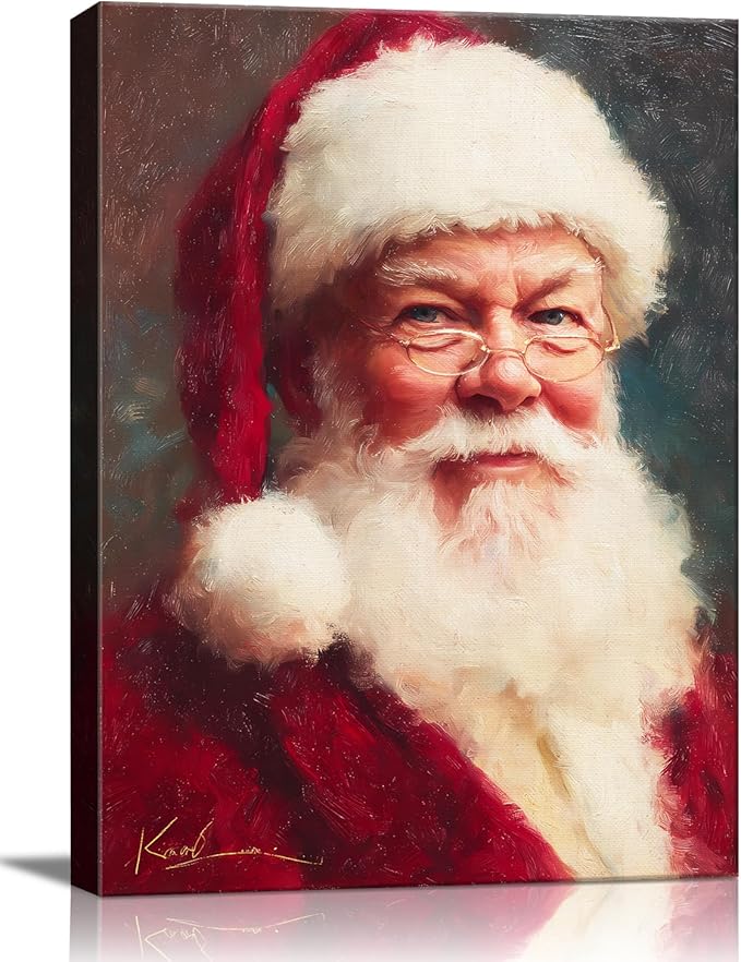 Vintage Santa Claus with Red Hat Portrait Christmas Canvas Wall Art - Victorian Style Framed Canvas Prints for Living Room & Bedroom, Classic Christmas Wall Decor, Christmas Gifts & Winter Decor