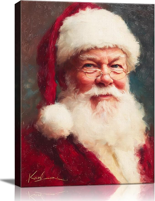 Vintage Santa Claus with Red Hat Portrait Christmas Canvas Wall Art - Victorian Style Framed Canvas Prints for Living Room & Bedroom, Classic Christmas Wall Decor, Christmas Gifts & Winter Decor
