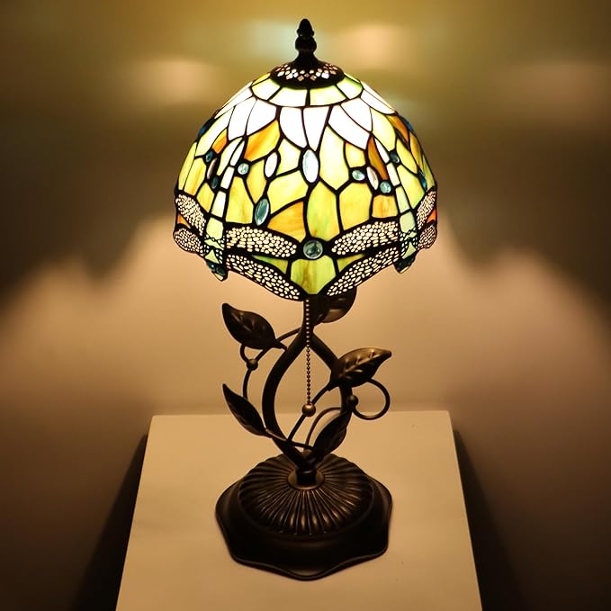 Small Tiffany Lamp Yellow White Dragonfly Style Stained Glass Table Lamps Desk Bedside Reading Light 8X8X18 Inches with Bronze Metal Leaf Resin Base