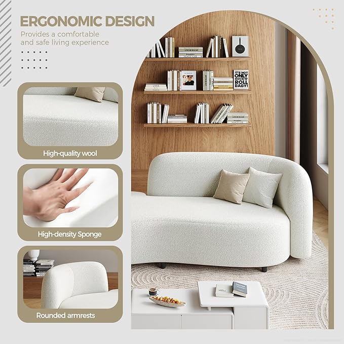 Sherpa Curved Loveseat Sofa, Modern Upholstered Couch with Solid Wood Frame, Thick Foam Cushion, Compact Comfy Sofa for Apartment, Living Room or Office – Ivory White