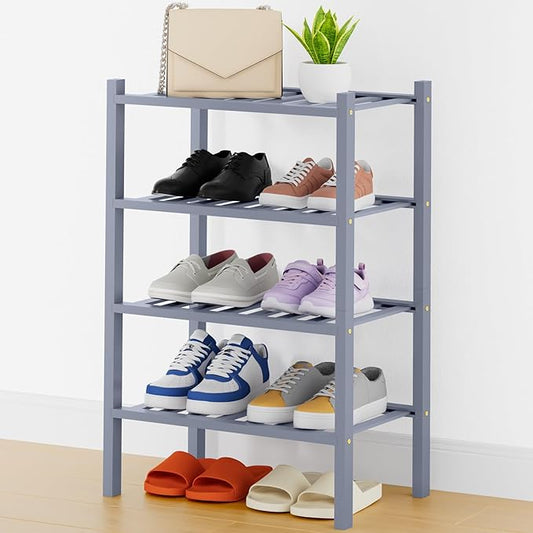 Smiry Shoe Rack, 4 Tier Thick Small Bamboo Shoe Organizer, Stackable Free Standing Wooden Shoe Storage Shelf for Closet, Entryway, Front Door Entrance, Grey