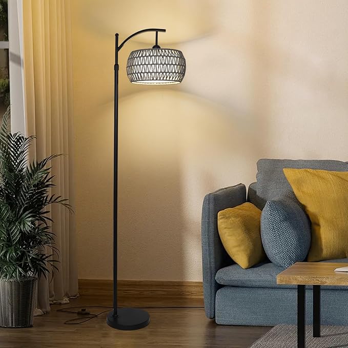 Arc Floor Lamp for Bedroom, Boho Standing Lamp with Remote & LED Smart Bulb, Rattan Floor Lamps for Living Room with 3 Color Temperatures, Height Adjustable Corner Tall Lamp, Stand up Light for Office