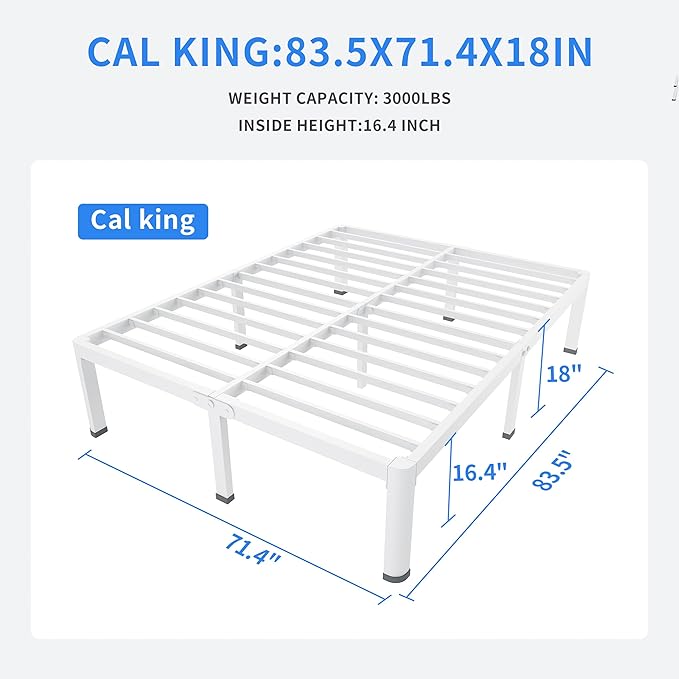 MAF 18 Inch California King Bed Frame White with Round Corner Legs Mattress Slide Stopper No Box Spring Needed Heavy Duty Metal Platform Bed Frames, 3000 LBS Steel Slats Support