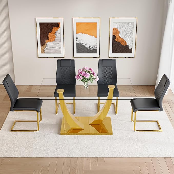 AZmac 63" Glass Dining Table Set for 4,Luxury Gold Dining Room Set with Stainless Steel Pedestal, Rectangular Tempered Glass Kitchen Table with PU Leather Chairs, for Kitchen Apartment