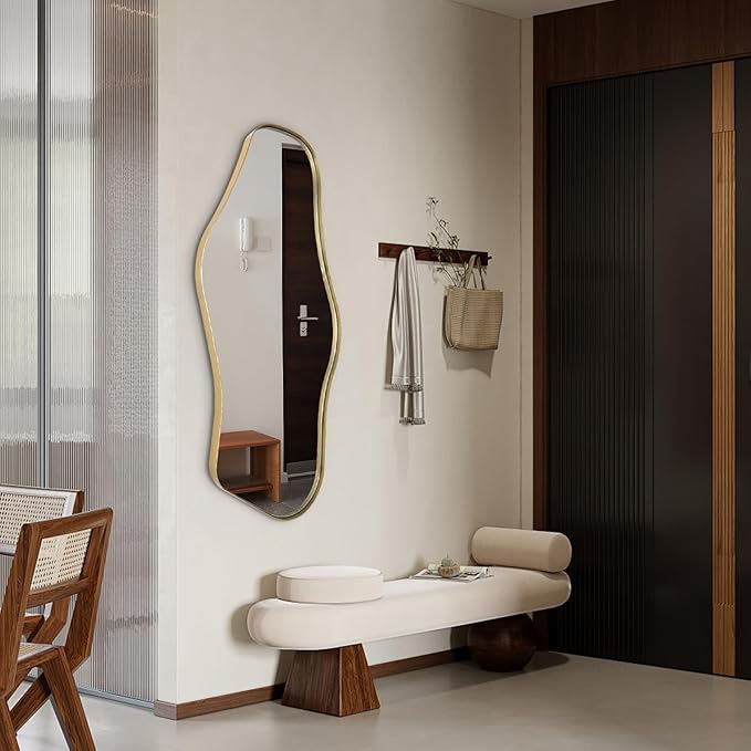 Gold Irregular Mirror, Asymmetrical Mirrors Decorative, 40"x18" Unique Shaped Mirror with Metal Frame, Modern Abstract Mirrors for Living Room Bathroom Bedroom Hallway Entryway Fireplace