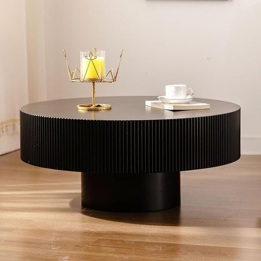 Round Coffee Table, Handcrafted Fluted Drum Coffee Tables Modern Wood Coffee Table Circle Drum Center Table for Living Room, Apartment (Black Thick)