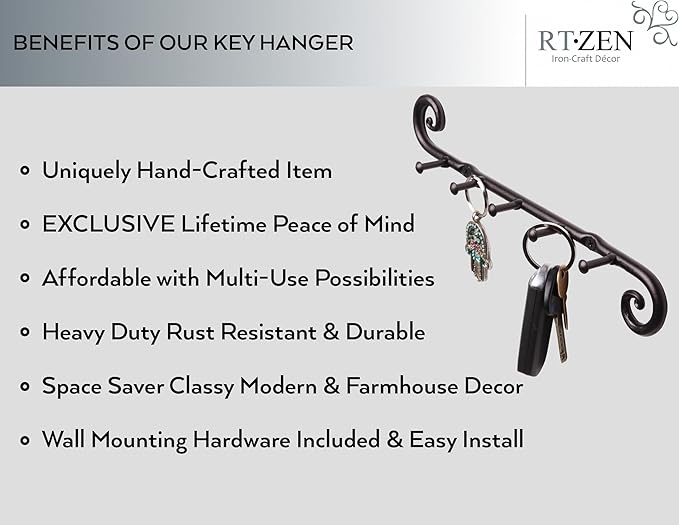 RTZEN Farmhouse Small Key Holder for Wall - Handcrafted Swirl Decorative 5 Key Hooks for Home Entryway - Wrought Iron Wall Mount Rack Purse Coat and Leash Holder or Organizer (Classic Black)