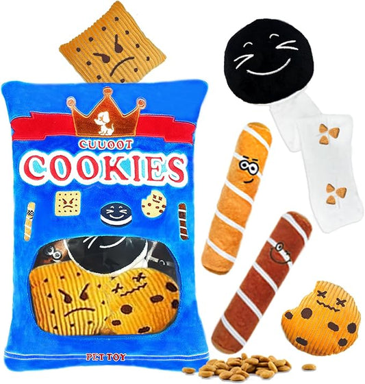 Treat Dispensing Dog Toys, Crinkle Squeaky Interactive Dog Toys, Enrichment Treat Puzzle Pet Toys for Medium, and Large Dogs (Cookie)