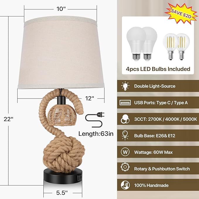 22" Rope Lamps for Night Stands, Dual-Lights Bedside Lamps Set of 2, Boho Table Lamps for Living Room, 3-Color Temperatures Boho Lamp with Rotary Switch, Rattan Lamp with USB Ports, 4 Bulbs Included