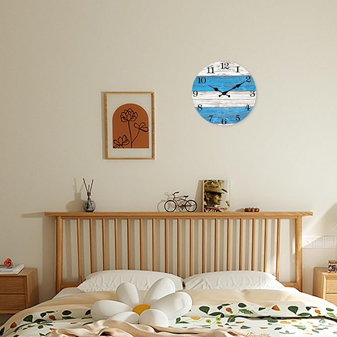 XNM Small Wood Wall Clocks Battery Operated 12 Inch Blue and White Nautical Wall Clock for Bedroom Silent Wall Clock (No Solid Wood, It is with MDF Material)