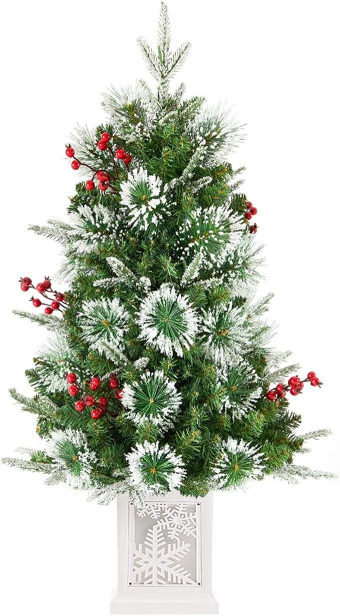 Small 3FT Pre-Lit Snow Flocked Christmas Tree with Twinkling Lights for Home Office Christmas Decor- Battery Operated & Timer (Snowflake Base)