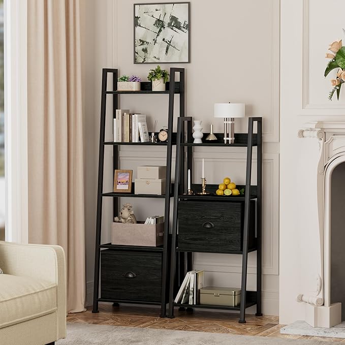 Furologee 4-Tier Ladder Shelf, Ladder Bookshelf with Removable Drawer, Bookcase Storage Rack Organizer, Freestanding Storage Shelves for Living Room, Home Office, Bedroom, Black Oak